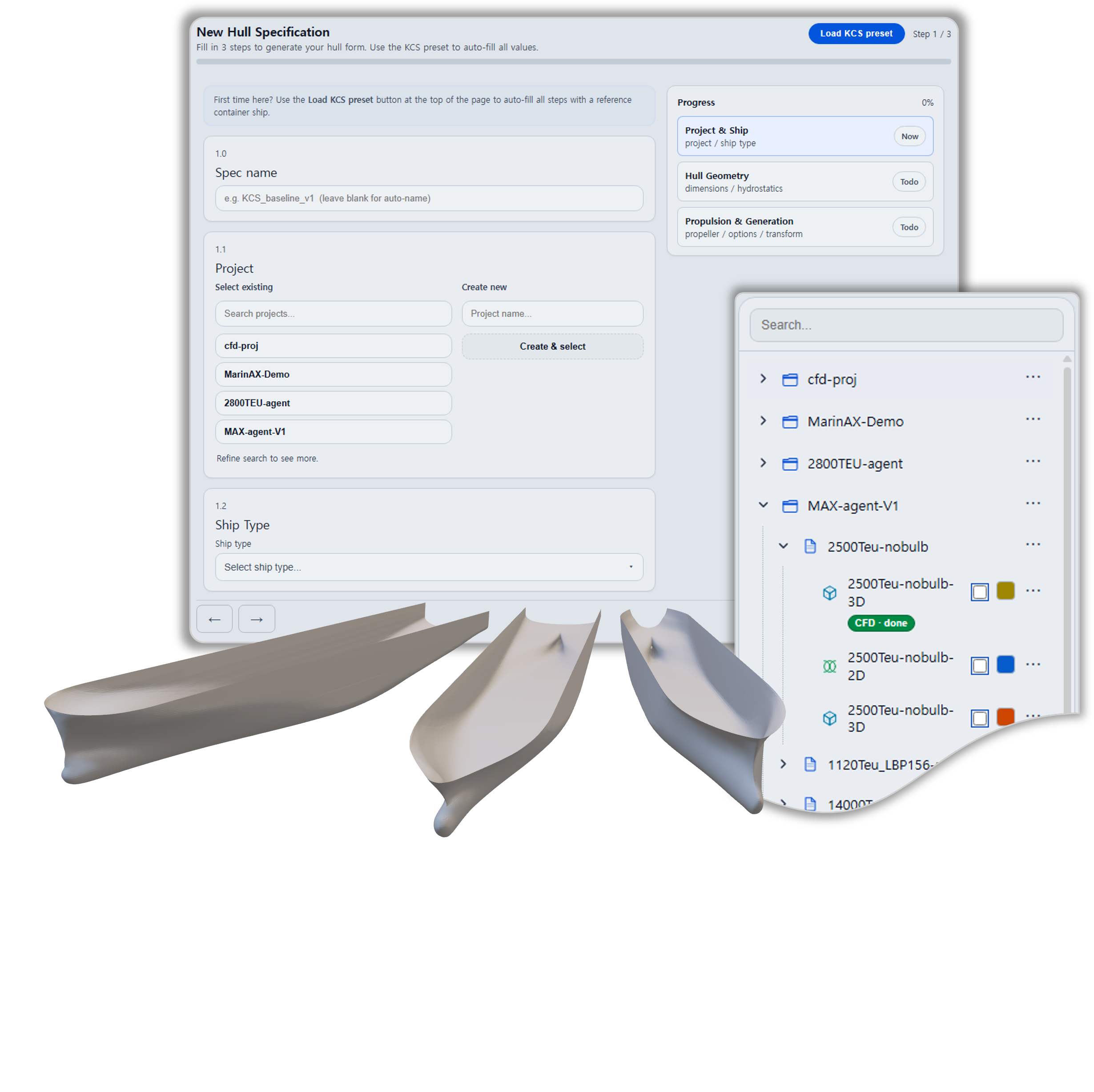 MarinAX new hull specification workflow, project explorer, and generated 3D hull forms