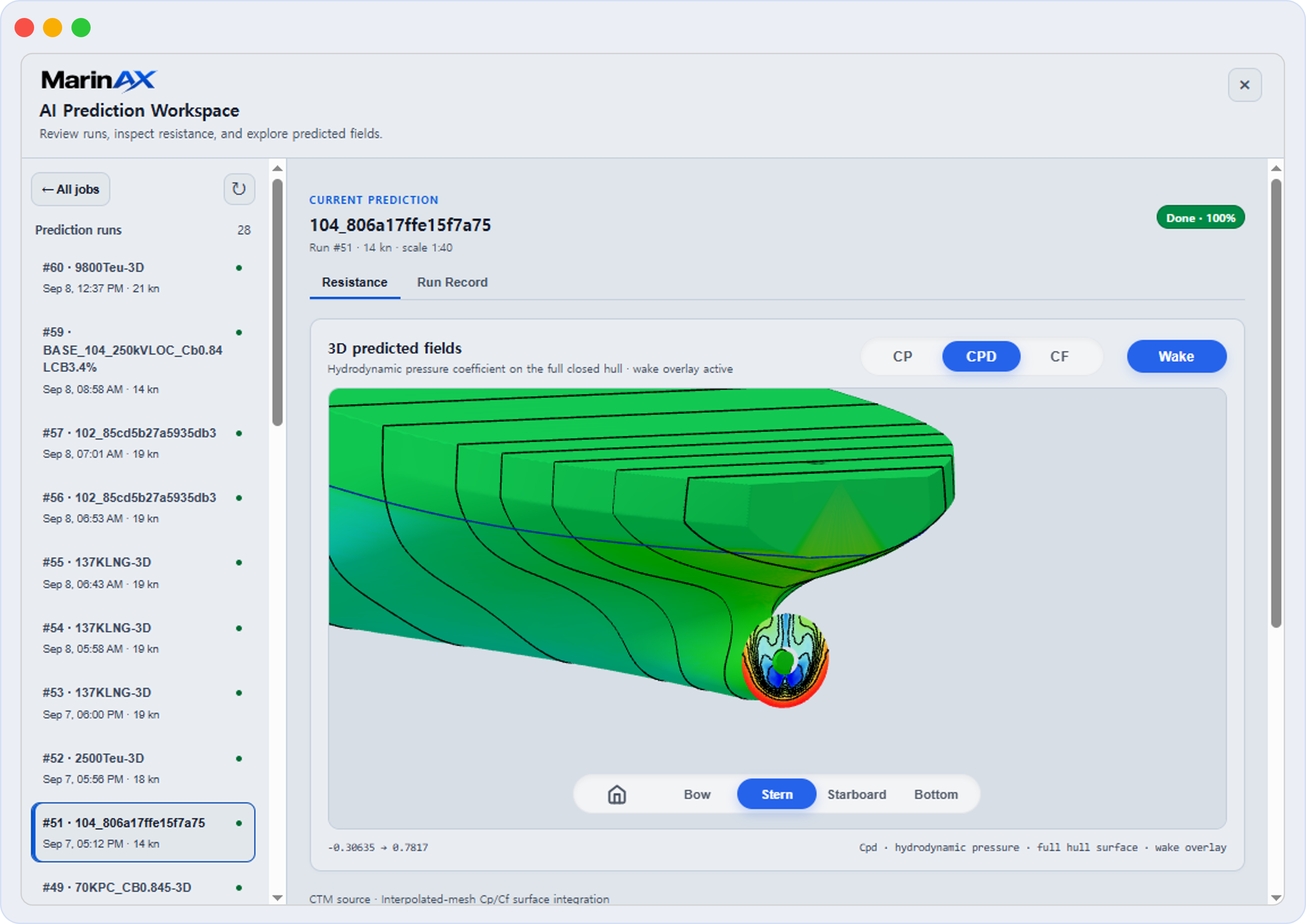 MarinAX AI Prediction Workspace displaying hydrodynamic pressure and wake fields around a hull